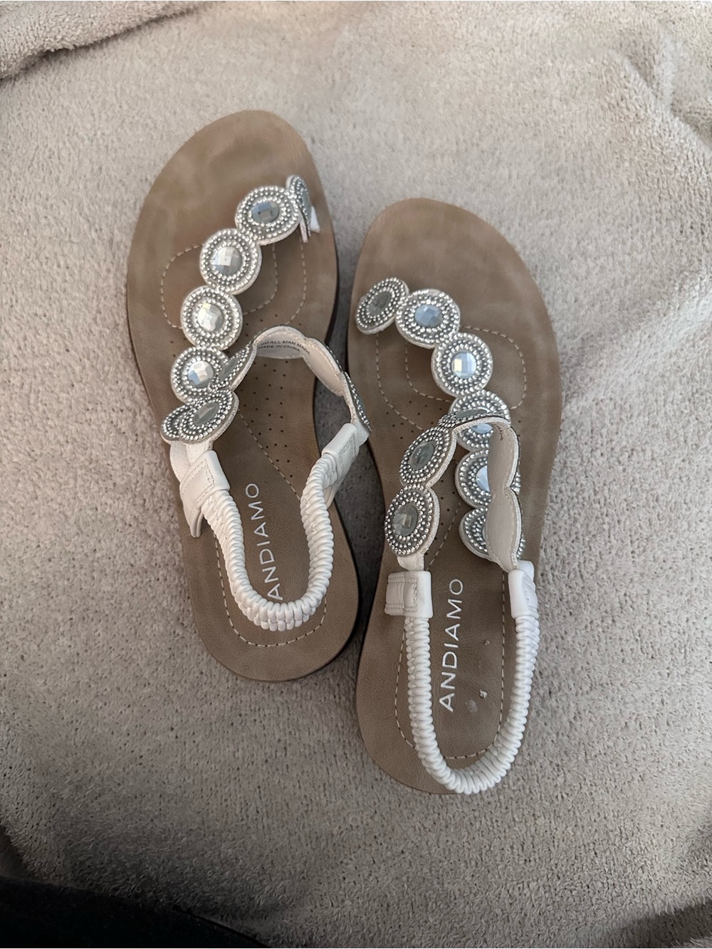 Andiamo Taupe Beaded T-Strap Sandals with Elastic Heel